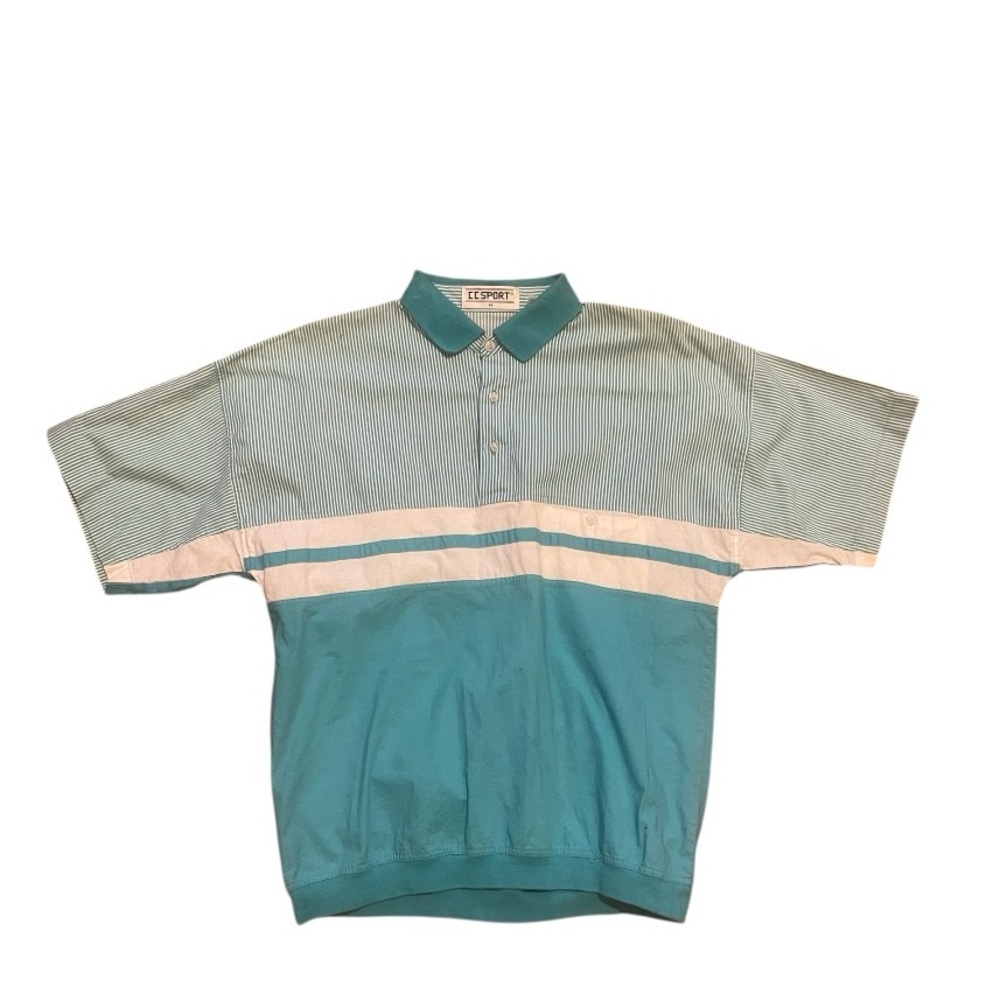 Vintage Teal White CC Sport Korean Y2K Striped Men Short Sleeve Shirt Sz M